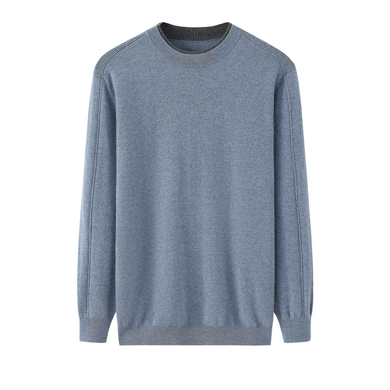 阿绒源山羊绒配色男套衫双层圆领针织羊毛衫灰蓝休闲贴身内穿毛衣