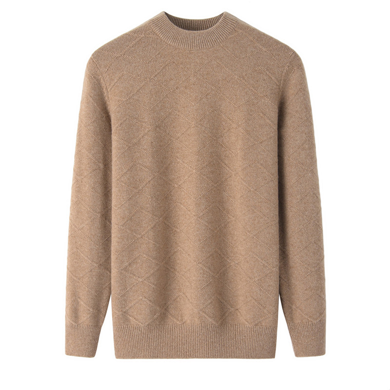 阿绒源100%山羊绒男套衫鄂尔多斯市产圆领加厚驼色针织衫网格毛衣