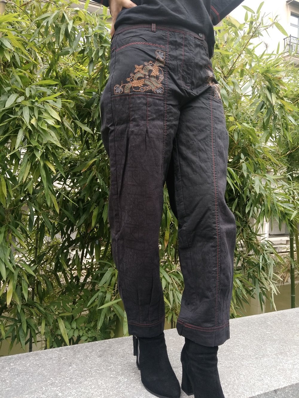 桑迪女装文艺复古民族风绣花拼接灯笼薄棉裤装女裤秋冬