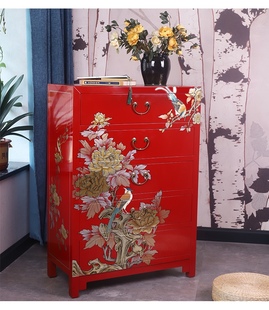 新中式 手绘法红五斗柜储物柜玄关柜餐边柜实木斗柜