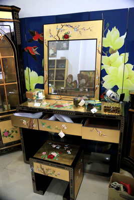 新中式家具古典金箔牡丹梳妆台-大台梳妆台梳妆镜梳妆凳三件套