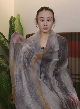 云雾纱纯山羊绒轻薄款手绘线条春夏多功能多用空调房外搭