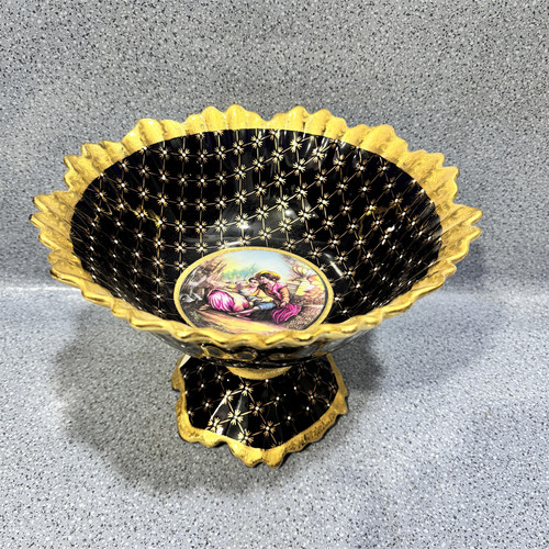 外贸风情 鎏金边人物花朵 波浪边 立体底座 12英寸陶瓷水果盆果篓