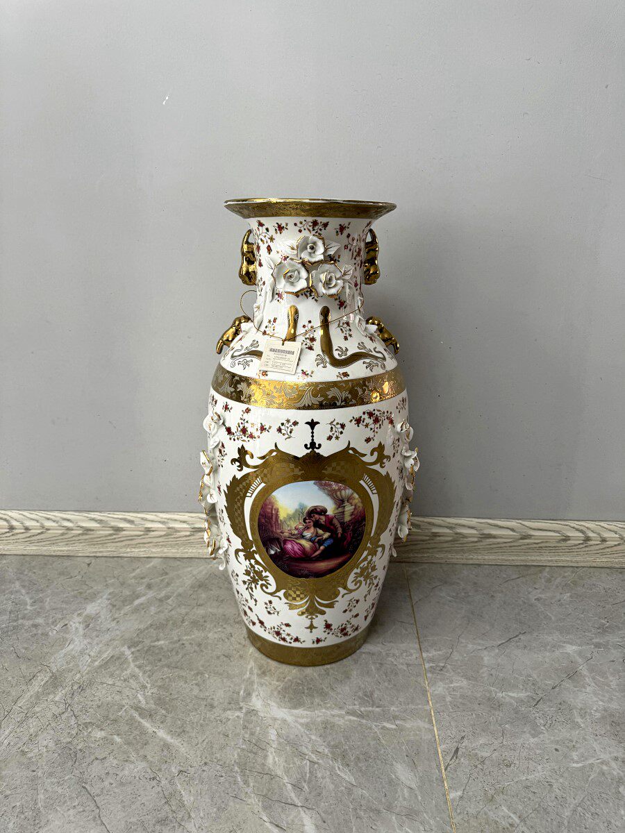 外贸风情 白色鎏金浮雕立体花朵 大号 家用陶瓷干花瓶 摆件瑕