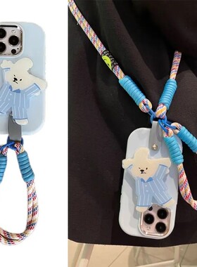 睡衣小熊支架跨绳适用苹果16pro手机壳iPhone15max13小米14华为mate60荣耀200x90k50pura70reno11nova12s18