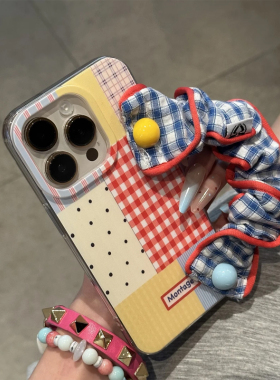 拼接格纹腕带挂绳新款适用苹果17Pro手机壳iPhone16max小米15华为mate70pura80k60荣耀300x200note14reno13