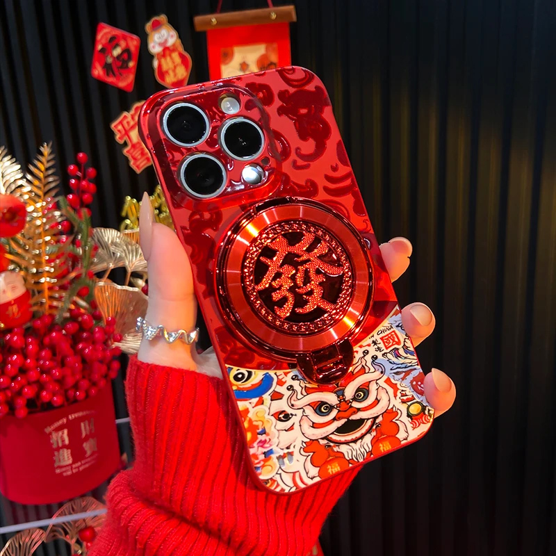 新年国潮舞狮旋转支架无边框适用苹果16Pro手机壳iPhone14max小米15华为mate60p70荣耀90nova13x100k50note12