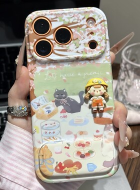 野餐猫咪女孩公仔新款适用苹果17Pro手机壳iPhone16max13小米15华为mate80pura70k60note14荣耀400x200findx8