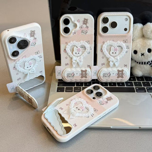 韩系蕾丝刺绣小兔支架适用苹果17promax16手机壳iPhone18小米15华为mate80p70K90reno14x300magic7+加13x60