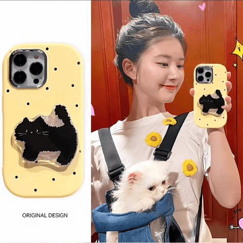 波点黑猫支架适用苹果15pro手机壳iphone14max16镜框华为mate60pura70小米13reno11荣耀100红米K50x100nova12