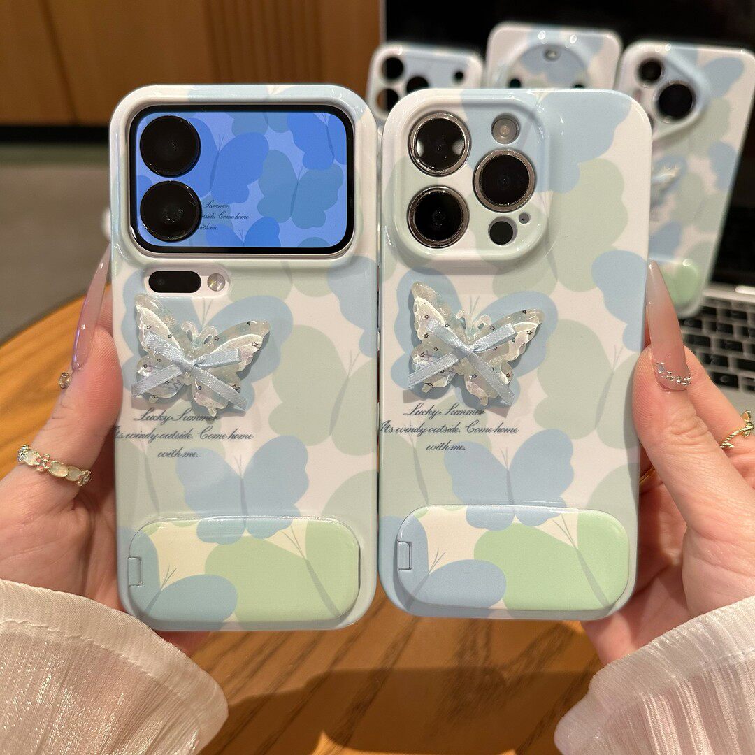 蓝绿蝴蝶支架新款适用苹果17Pro手机壳iPhone16max12小米15华为mate80pura70k60nova14荣耀400vivox200一加13