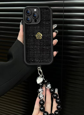 黑色针织山茶花适用苹果16pro手机壳iPhone15max小米14华为mate60荣耀100x200note13红米k60p50nova12reno11