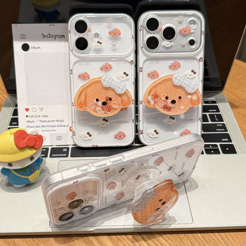 可爱萌趣蝴蝶结小狗支架适用苹果18promax手机壳iphone17pro高级感ip16por卡通15plus女款14全包13保护12软套
