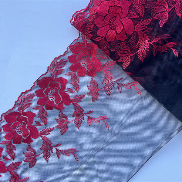 2310A8黑底红花网纱刺绣蕾丝花边辅料服装古装旗袍汉服手工diy