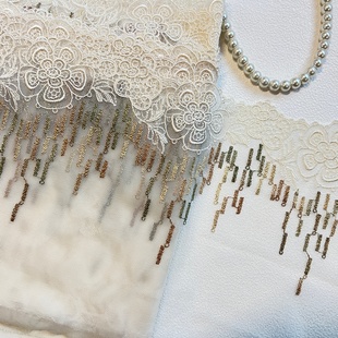 11A9米黄色金闪闪网纱刺绣蕾丝花边辅料裙边服装制衣洋装旗袍diy