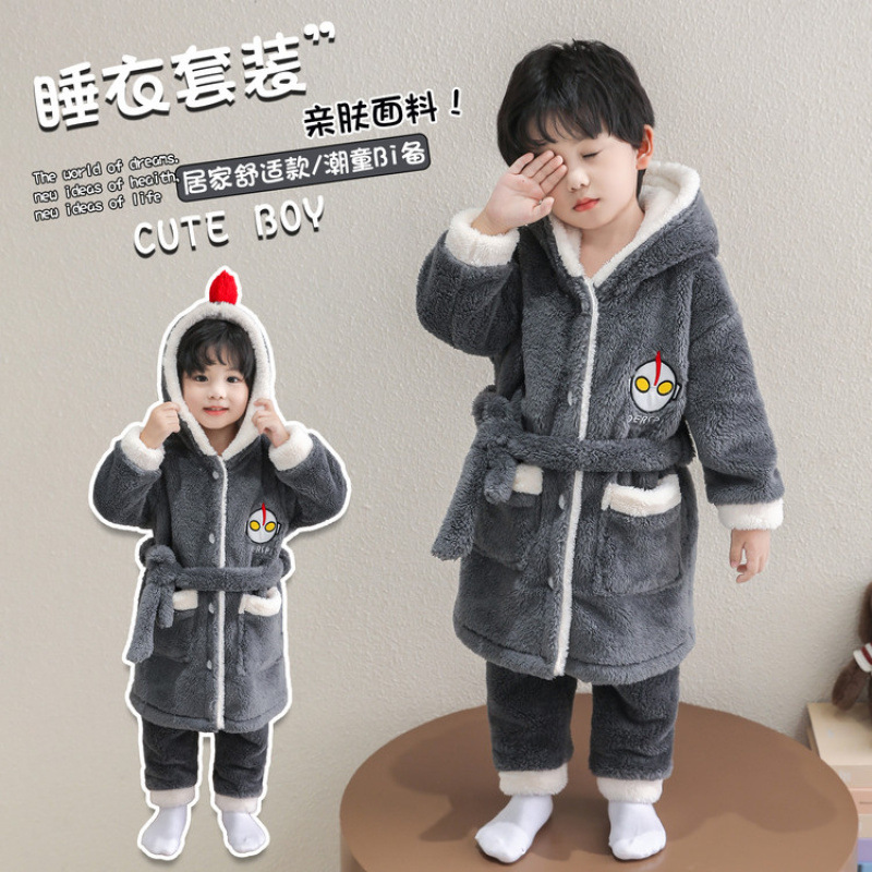 儿童浴袍男童珊瑚绒秋冬加厚中长款男孩奥特曼睡衣宝宝法兰绒睡袍