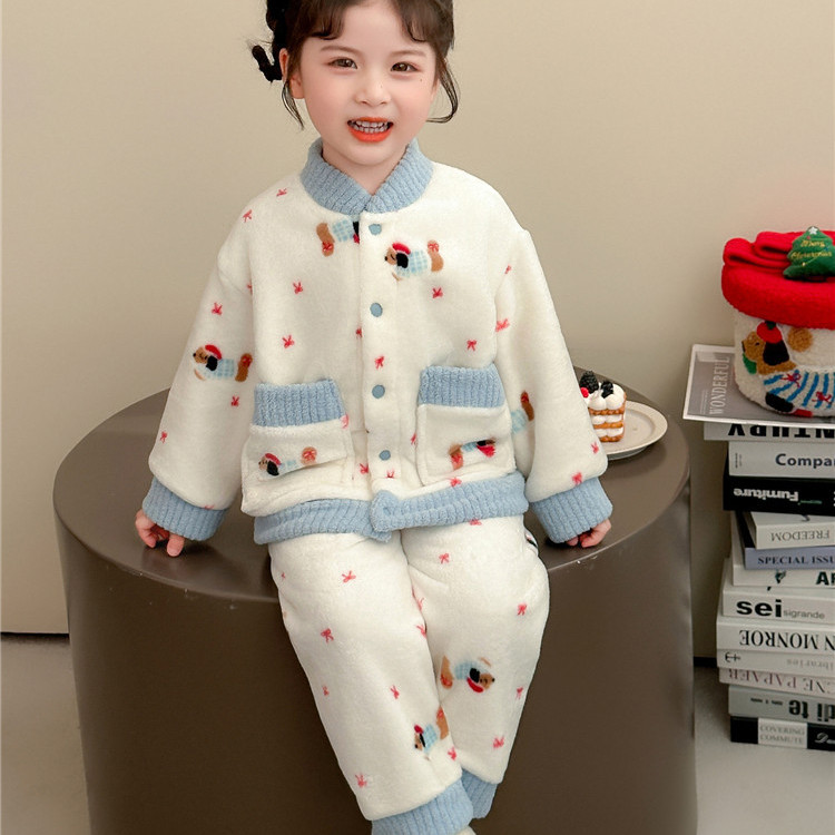 女童法兰绒睡衣2025新款秋冬装儿童宝宝卡通开衫珊瑚绒家居服套装