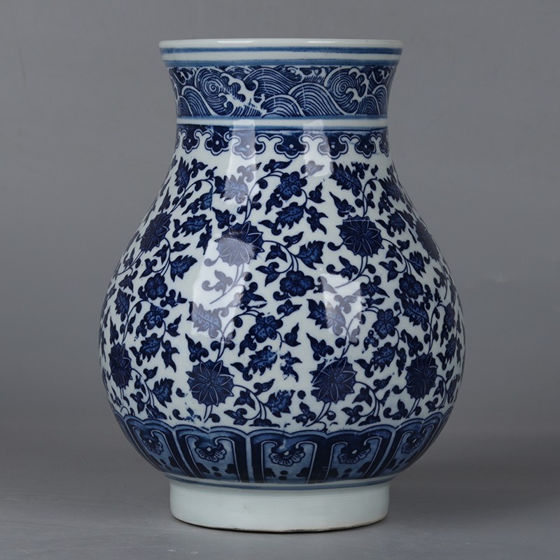 仿大清乾隆年制款青花贴画缠枝莲纹福筒瓶古瓷器做旧古玩收藏摆件