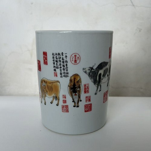 仿古款仿清同治瓷器收藏古玩景德镇陶瓷五牛图白釉笔筒家居摆件