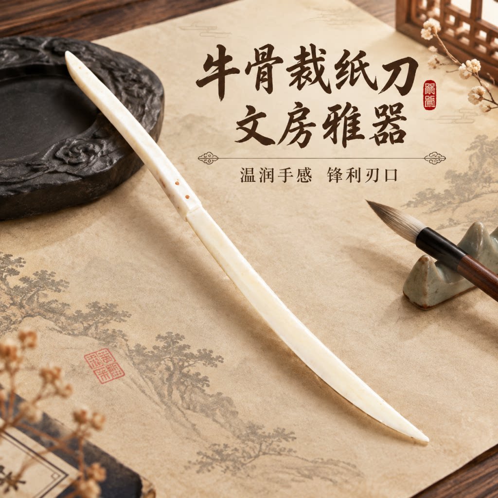 天然牛骨裁纸刀 宣纸拆信刀 文房裁纸 折痕刀 书画裁纸开信刀 手工骨刀姜思序堂