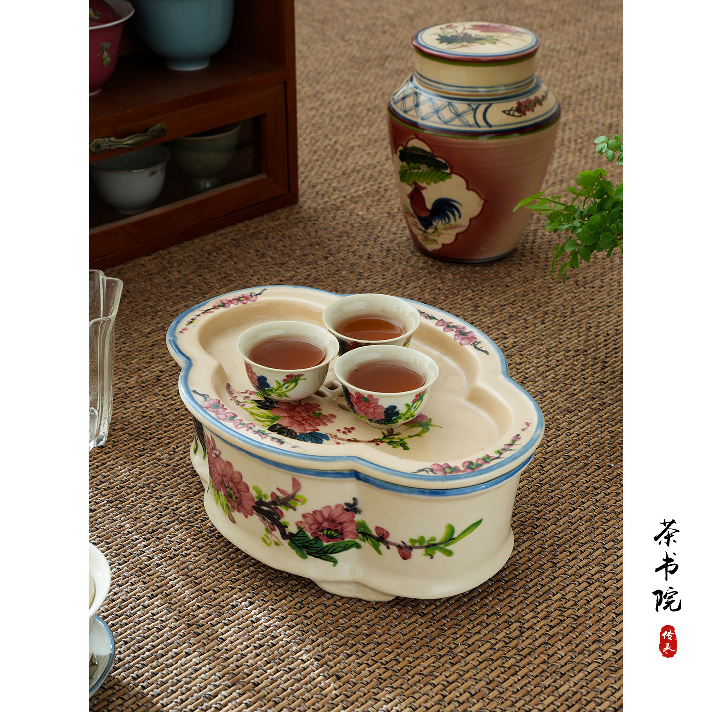 民国风潮州工夫茶具家用复古海棠形陶瓷茶盘手绘茶花茶船礼盒套装
