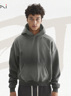ETAI男装|优质重磅复古宽松短款卫衣青少年落肩款双层帽男士卫衣