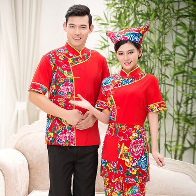 夏季农家乐农家院中餐厅服务员工作服短袖中式员工服装饭店衣服女