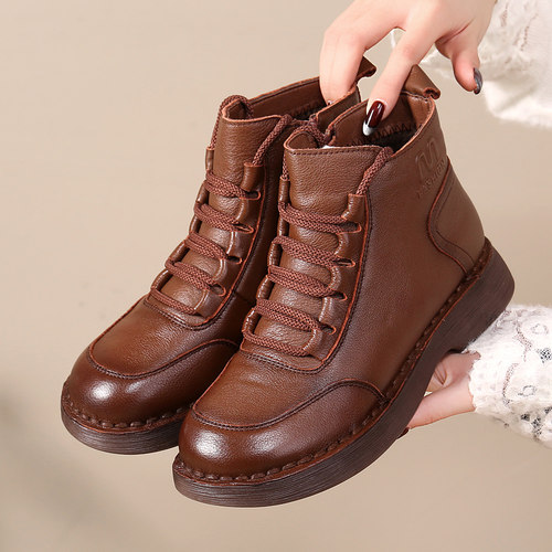 头层牛皮妈妈短靴秋冬新款加绒