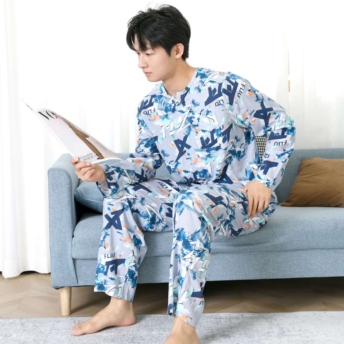 男士夏空调房人造棉棉绸睡衣裤套组长袖长裤中老年绵绸春秋家居服