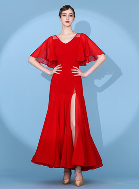 以琳飞儿 飞袖设计开叉摩登舞裙2126雪纺国标舞连衣裙华尔兹练功