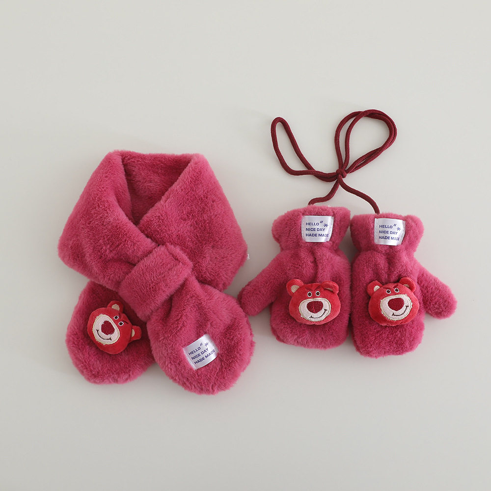 儿童围巾冬季保暖加绒可爱卡通小熊男女宝宝防寒毛绒秋冬全指手套