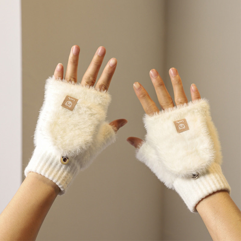 2025冬季可爱毛绒手套保暖露指翻盖女防寒学生写字骑车加厚带纽扣