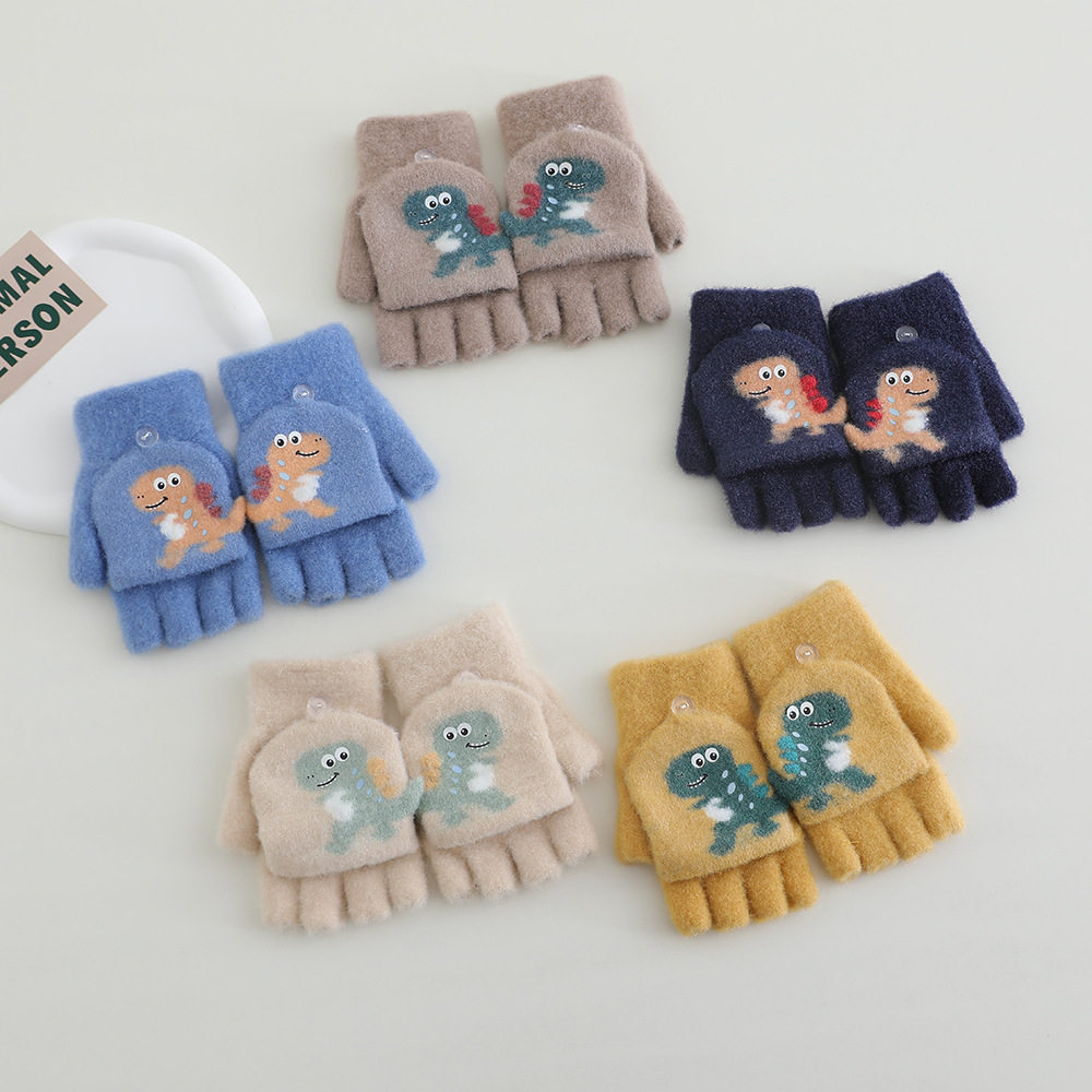 儿童手套韩系保暖加绒可爱卡通恐龙男女宝宝防寒毛绒秋冬半指手套