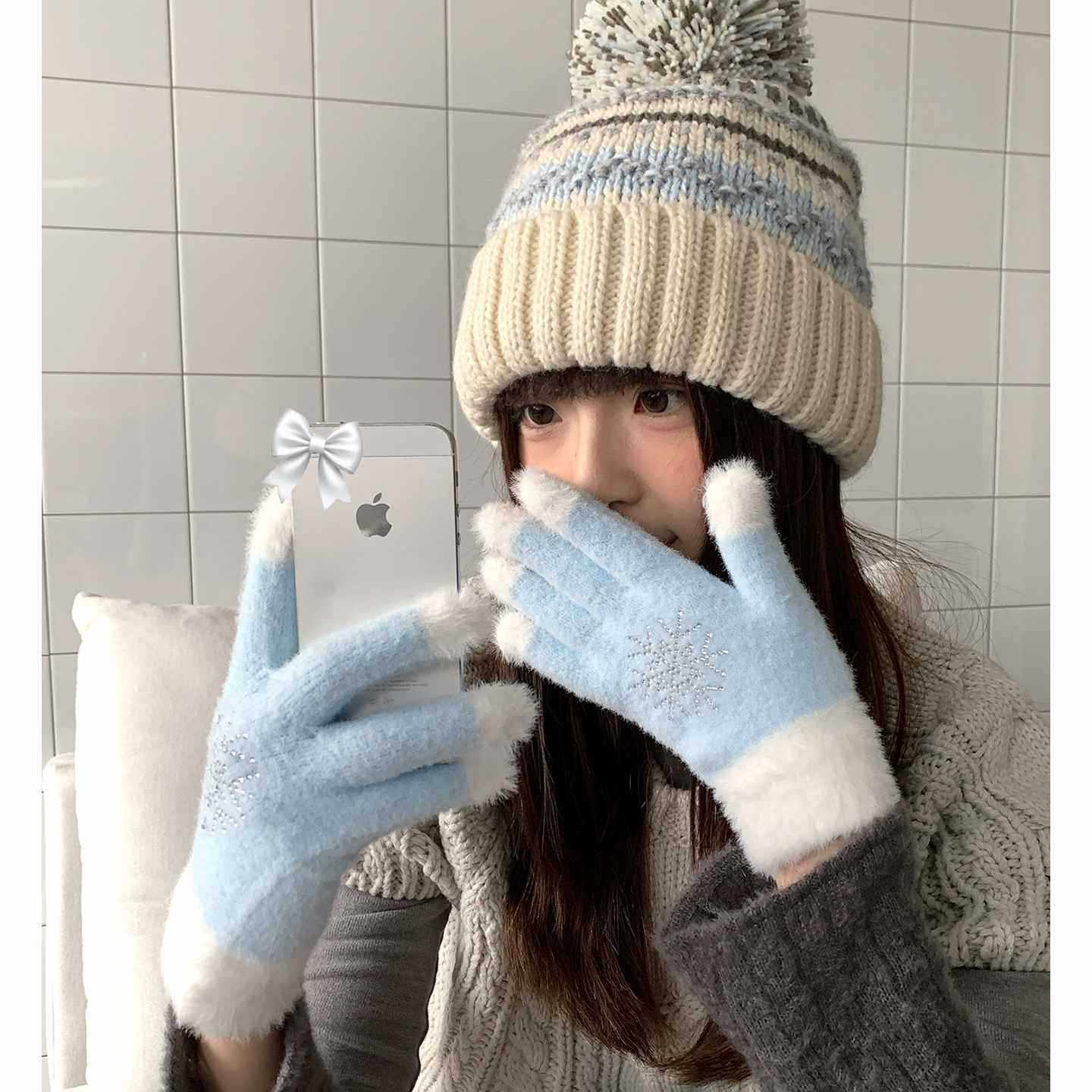 圣诞水钻雪花蓝色毛绒分指手套女冬季加厚保暖可触屏手套防寒骑行