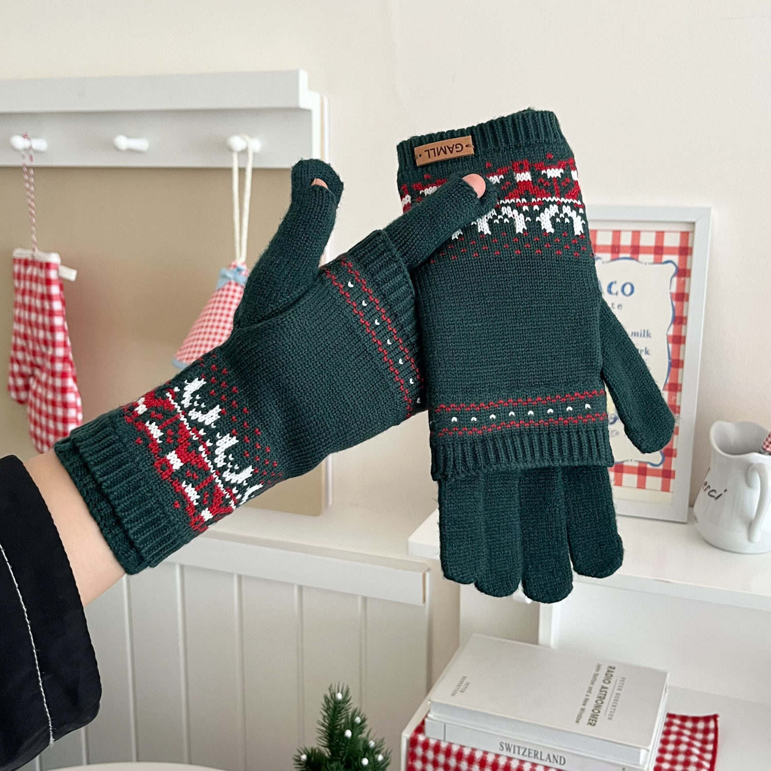 韩版复古氛围感可拆式费尔岛提花针织手套女秋冬防寒保暖露指触屏