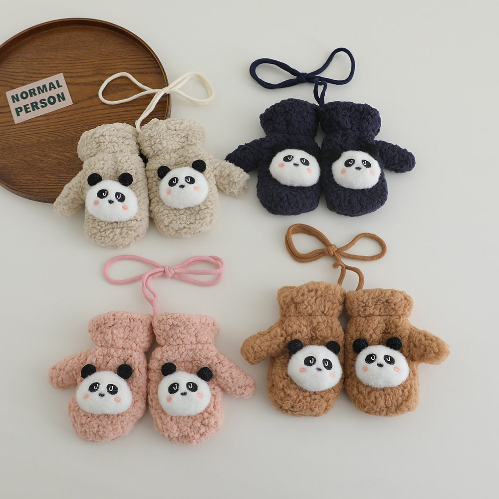 儿童手套冬季保暖加绒可爱卡通熊猫男女宝宝防寒毛绒秋冬全指手套