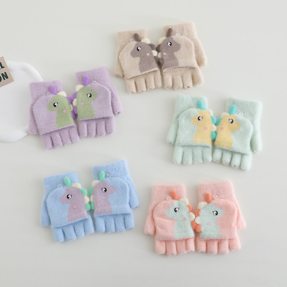 儿童手套冬季保暖加绒超萌独角兽男女童宝宝防寒毛绒秋冬半指手套