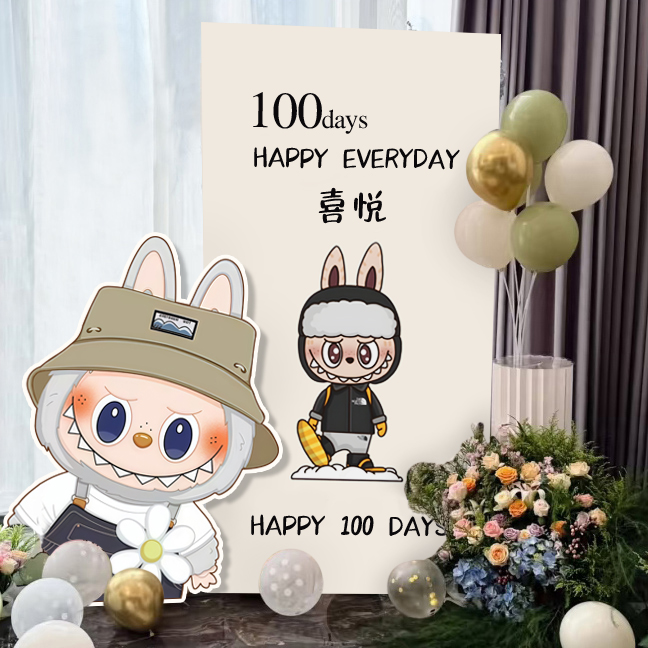 拉布布主题一百天背景墙布置女孩男孩labubu卡通生日装饰kt板气球