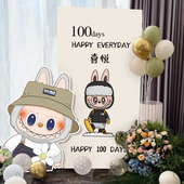 拉布布主题一百天背景墙布置女孩男孩labubu卡通生日装 饰kt板气球