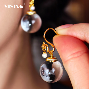 VISING珠宝天然圆珠大直径白水晶凤凰耳坠耳饰耳环S925银