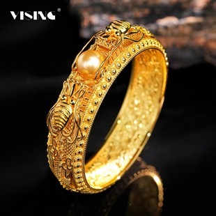 VISING珠宝【双龙戏珠】传世手镯S925银花丝镶嵌镯子重磅艺术品