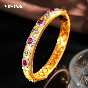 VISING培育红宝石《国检证书》拉丝手镯意大利工艺金色镯子S925