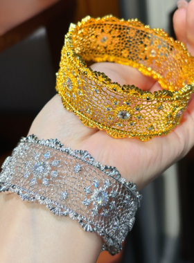 VISING珠宝手工蕾丝手镯意大利风爆闪黄金色银镯子S925银