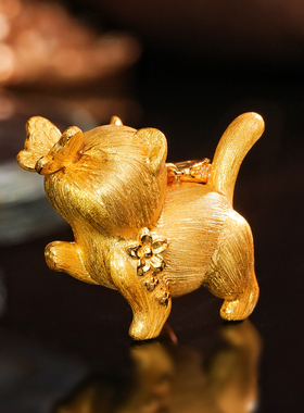 VISING珠宝【来福咪】蝴蝶猫咪黄金色勾丝刻丝项链吊坠锁骨链S925