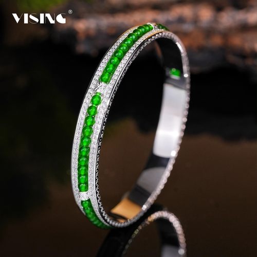 VISING珠宝天然A货翡翠小米珠镯子玻璃种帝王绿珠珠翡翠手镯