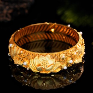 VISING珠宝《连年有余》金色荷花锦鲤珍珠手镯古法金拉丝手工镯