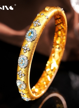 VISING珠宝天然托帕石拉丝手镯意大利工艺金色镯子S925银