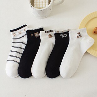 袜子女夏季 短筒船袜短袜可爱ins浅口透气网眼袜女士条纹小熊 薄款