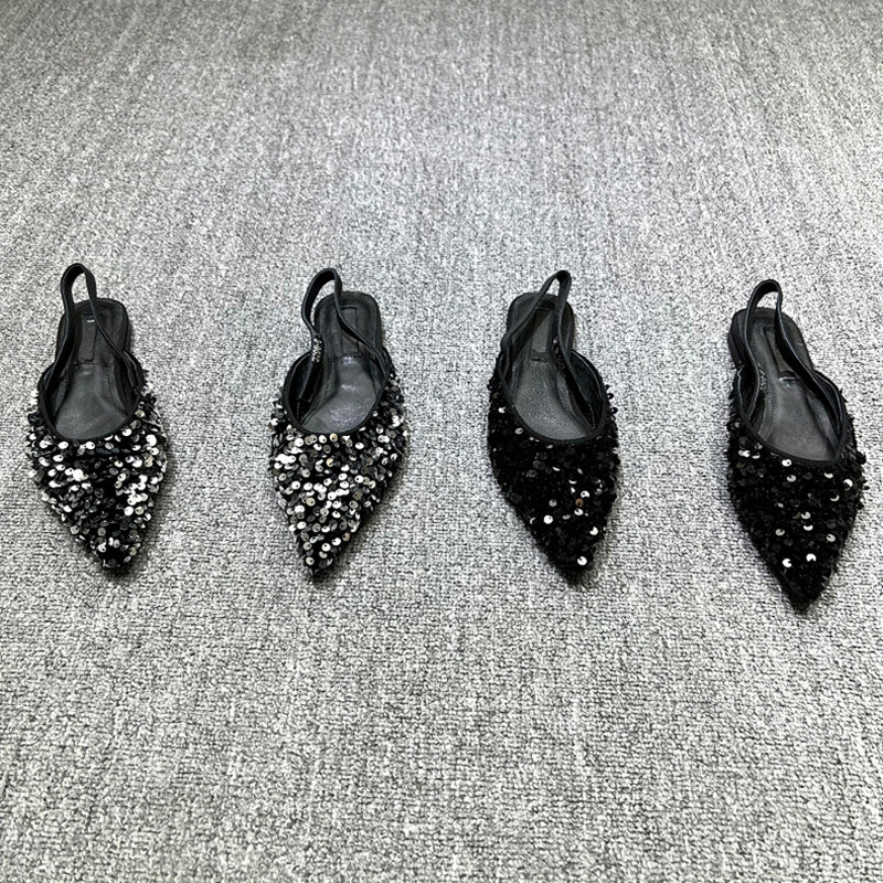 欧洲站亮片平底真皮仙女风凉鞋女