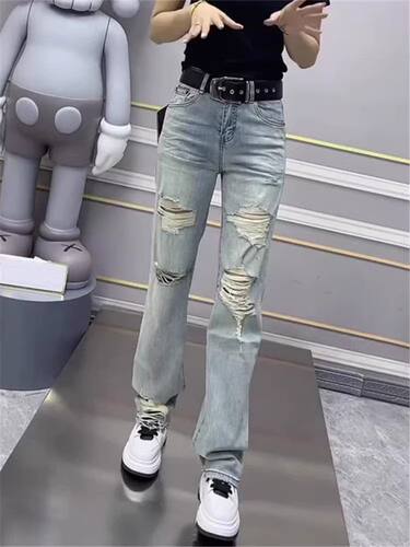 直筒牛仔裤女2024新款韩版爆版今年流行高腰弹力破洞窄版阔腿裤子
